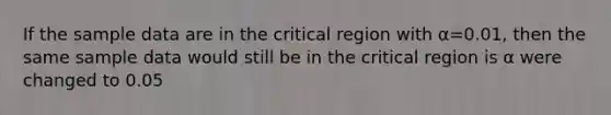 If the sample data are in the critical region with α=0.01, then the same sample data would still be in the critical region is α were changed to 0.05