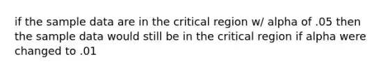 if the sample data are in the critical region w/ alpha of .05 then the sample data would still be in the critical region if alpha were changed to .01