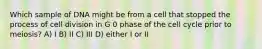 Which sample of DNA might be from a cell that stopped the process of cell division in G 0 phase of the cell cycle prior to meiosis? A) I B) II C) III D) either I or II