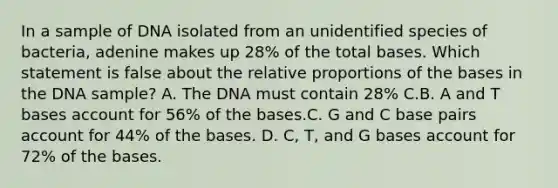 In a sample of DNA isolated from an unidentified species of bacteria, adenine makes up 28% of the total bases. Which statement is false about the relative proportions of the bases in the DNA sample? A. The DNA must contain 28% C.B. A and T bases account for 56% of the bases.C. G and C base pairs account for 44% of the bases. D. C, T, and G bases account for 72% of the bases.