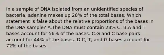 In a sample of DNA isolated from an unidentified species of bacteria, adenine makes up 28% of the total bases. Which statement is false about the relative proportions of the bases in the DNA sample? A.The DNA must contain 28% C. B.A and T bases account for 56% of the bases. C.G and C base pairs account for 44% of the bases. D.C, T, and G bases account for 72% of the bases.