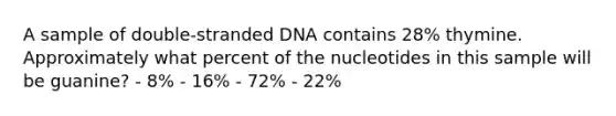 A sample of double-stranded DNA contains 28% thymine. Approximately what percent of the nucleotides in this sample will be guanine? - 8% - 16% - 72% - 22%