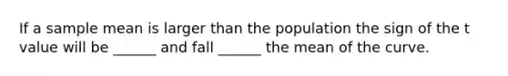 If a sample mean is larger than the population the sign of the t value will be ______ and fall ______ the mean of the curve.