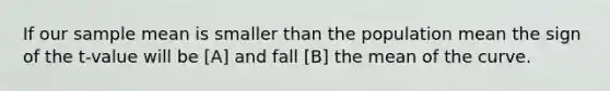 If our sample mean is smaller than the population mean the sign of the t-value will be [A] and fall [B] the mean of the curve.