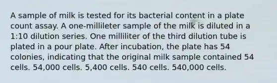 A sample of milk is tested for its bacterial content in a plate count assay. A one-millileter sample of the milk is diluted in a 1:10 dilution series. One milliliter of the third dilution tube is plated in a pour plate. After incubation, the plate has 54 colonies, indicating that the original milk sample contained 54 cells. 54,000 cells. 5,400 cells. 540 cells. 540,000 cells.