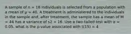 A sample of n = 16 individuals is selected from a population with a mean of µ = 40. A treatment is administered to the individuals in the sample and, after treatment, the sample has a mean of M = 44 has a variance of s2 = 16. Use a two-tailed test with α = 0.05. what is the p-value associated with t(15) = 4