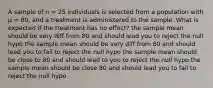 A sample of n = 25 individuals is selected from a population with µ = 80, and a treatment is administered to the sample. What is expected if the treatment has no effect? the sample mean should be very diff from 80 and should lead you to reject the null hypo the sample mean should be very diff from 80 and should lead you to fail to reject the null hypo the sample mean should be close to 80 and should lead to you to reject the null hypo the sample mean should be close 80 and should lead you to fail to reject the null hypo