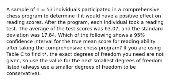 A sample of n = 53 individuals participated in a comprehensive chess program to determine if it would have a positive effect on reading scores. After the program, each individual took a reading test. The average of the test scores was 63.07, and the standard deviation was 17.84. Which of the following shows a 95% confidence interval for the true mean score for reading ability after taking the comprehensive chess program? If you are using Table C to find t*, the exact degrees of freedom you need are not given, so use the value for the next smallest degrees of freedom listed (always use a smaller degrees of freedom to be conservative).