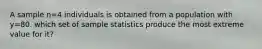 A sample n=4 individuals is obtained from a population with y=80. which set of sample statistics produce the most extreme value for it?