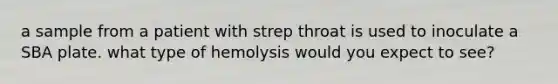 a sample from a patient with strep throat is used to inoculate a SBA plate. what type of hemolysis would you expect to see?