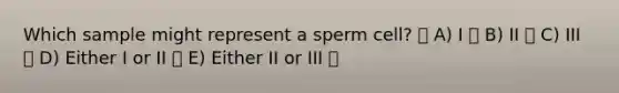 Which sample might represent a sperm cell? A) I B) II C) III D) Either I or II E) Either II or III