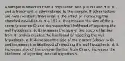 A sample is selected from a population with μ = 80 and σ = 10, and a treatment is administered to the sample. If other factors are held constant, then what is the effect of increasing the standard deviation to σ = 15? a. It decreases the size of the z-score (closer to 0) and decreases the likelihood of rejecting the null hypothesis. b. It increases the size of the z-score (farther from 0) and decreases the likelihood of rejecting the null hypothesis. c. It decreases the size of the z-score (closer to 0) and increases the likelihood of rejecting the null hypothesis. d. It increases size of the z-score (farther from 0) and increases the likelihood of rejecting the null hypothesis.