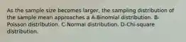 As the sample size becomes larger, the sampling distribution of the sample mean approaches a A-Binomial distribution. B-Poisson distribution. C-Normal distribution. D-Chi-square distribution.