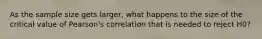 As the sample size gets larger, what happens to the size of the critical value of Pearson's correlation that is needed to reject H0?
