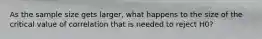 As the sample size gets larger, what happens to the size of the critical value of correlation that is needed to reject H0?