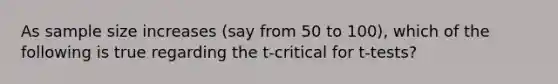 As sample size increases (say from 50 to 100), which of the following is true regarding the t-critical for t-tests?