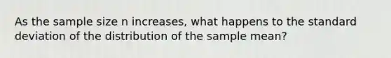 As the sample size n increases, what happens to the standard deviation of the distribution of the sample mean?