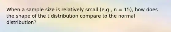 When a sample size is relatively small (e.g., n = 15), how does the shape of the t distribution compare to the normal distribution?