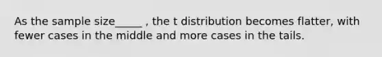 As the sample size_____ , the t distribution becomes flatter, with fewer cases in the middle and more cases in the tails.