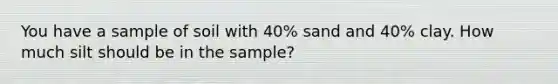 You have a sample of soil with 40% sand and 40% clay. How much silt should be in the sample?