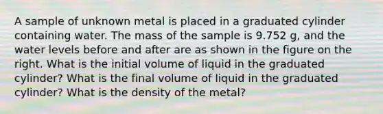 A sample of unknown metal is placed in a graduated cylinder containing water. The mass of the sample is 9.752 g, and the water levels before and after are as shown in the figure on the right. What is the initial volume of liquid in the graduated cylinder? What is the final volume of liquid in the graduated cylinder? What is the density of the metal?