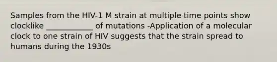 Samples from the HIV-1 M strain at multiple time points show clocklike ____________ of mutations -Application of a molecular clock to one strain of HIV suggests that the strain spread to humans during the 1930s