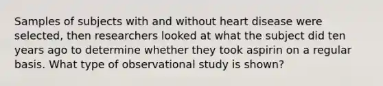 Samples of subjects with and without heart disease were selected, then researchers looked at what the subject did ten years ago to determine whether they took aspirin on a regular basis. What type of observational study is shown?