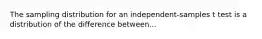 The sampling distribution for an independent-samples t test is a distribution of the difference between...