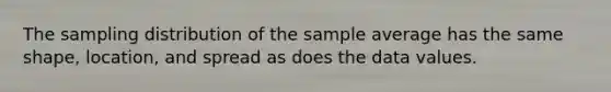 The sampling distribution of the sample average has the same shape, location, and spread as does the data values.