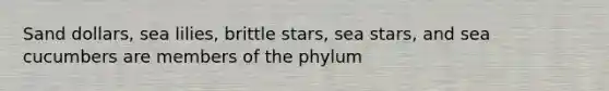 Sand dollars, sea lilies, brittle stars, sea stars, and sea cucumbers are members of the phylum