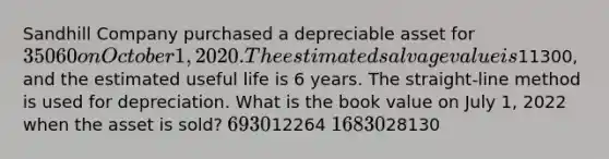 Sandhill Company purchased a depreciable asset for 35060 on October 1, 2020. The estimated salvage value is11300, and the estimated useful life is 6 years. The straight-line method is used for depreciation. What is the book value on July 1, 2022 when the asset is sold? 693012264 1683028130