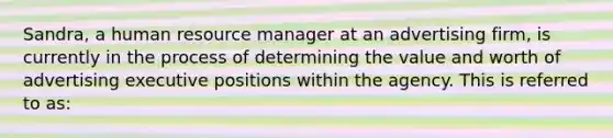 Sandra, a human resource manager at an advertising firm, is currently in the process of determining the value and worth of advertising executive positions within the agency. This is referred to as: