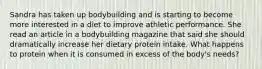 Sandra has taken up bodybuilding and is starting to become more interested in a diet to improve athletic performance. She read an article in a bodybuilding magazine that said she should dramatically increase her dietary protein intake. What happens to protein when it is consumed in excess of the body's needs?