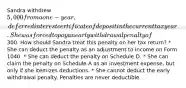 Sandra withdrew 5,000 from a one-year, deferred interest certificate of deposit in the current tax year. She was forced to pay an early withdrawal penalty of300. How should Sandra treat this penalty on her tax return? * She can deduct the penalty as an adjustment to income on Form 1040. * She can deduct the penalty on Schedule D. * She can claim the penalty on Schedule A as an investment expense, but only if she itemizes deductions. * She cannot deduct the early withdrawal penalty. Penalties are never deductible.