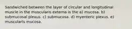 Sandwiched between the layer of circular and longitudinal muscle in the muscularis externa is the a) mucosa. b) submucosal plexus. c) submucosa. d) myenteric plexus. e) muscularis mucosa.