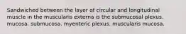 Sandwiched between the layer of circular and longitudinal muscle in the muscularis externa is the submucosal plexus. mucosa. submucosa. myenteric plexus. muscularis mucosa.