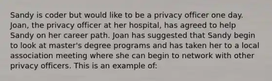 Sandy is coder but would like to be a privacy officer one day. Joan, the privacy officer at her hospital, has agreed to help Sandy on her career path. Joan has suggested that Sandy begin to look at master's degree programs and has taken her to a local association meeting where she can begin to network with other privacy officers. This is an example of: