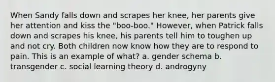 When Sandy falls down and scrapes her knee, her parents give her attention and kiss the "boo-boo." However, when Patrick falls down and scrapes his knee, his parents tell him to toughen up and not cry. Both children now know how they are to respond to pain. This is an example of what? a. gender schema b. transgender c. social learning theory d. androgyny