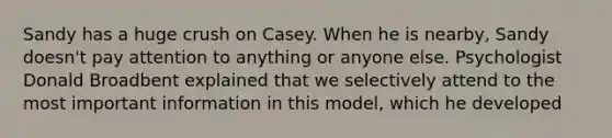 Sandy has a huge crush on Casey. When he is nearby, Sandy doesn't pay attention to anything or anyone else. Psychologist Donald Broadbent explained that we selectively attend to the most important information in this model, which he developed