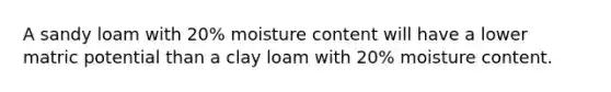 A sandy loam with 20% moisture content will have a lower matric potential than a clay loam with 20% moisture content.