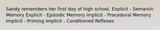 Sandy remembers her first day of high school. Explicit - Semantic Memory Explicit - Episodic Memory Implicit - Procedural Memory Implicit - Priming Implicit - Conditioned Reflexes