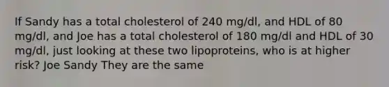 If Sandy has a total cholesterol of 240 mg/dl, and HDL of 80 mg/dl, and Joe has a total cholesterol of 180 mg/dl and HDL of 30 mg/dl, just looking at these two lipoproteins, who is at higher risk? Joe Sandy They are the same