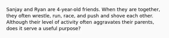 Sanjay and Ryan are 4-year-old friends. When they are together, they often wrestle, run, race, and push and shove each other. Although their level of activity often aggravates their parents, does it serve a useful purpose?