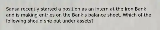 Sansa recently started a position as an intern at the Iron Bank and is making entries on the Bank's balance sheet. Which of the following should she put under assets?