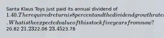 Santa Klaus Toys just paid its annual dividend of 1.40. The required return is 8 percent and the dividend growth rate is 1 percent. What is the expected value of this stock five years from now?20.82 21.2322.06 23.4523.78