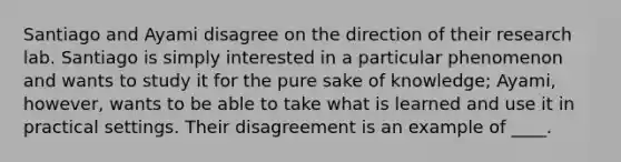 Santiago and Ayami disagree on the direction of their research lab. Santiago is simply interested in a particular phenomenon and wants to study it for the pure sake of knowledge; Ayami, however, wants to be able to take what is learned and use it in practical settings. Their disagreement is an example of ____.
