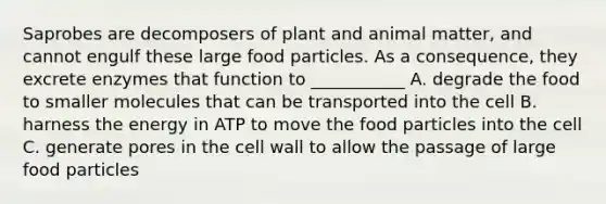 Saprobes are decomposers of plant and animal matter, and cannot engulf these large food particles. As a consequence, they excrete enzymes that function to ___________ A. degrade the food to smaller molecules that can be transported into the cell B. harness the energy in ATP to move the food particles into the cell C. generate pores in the cell wall to allow the passage of large food particles