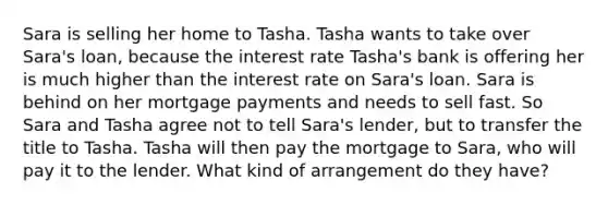 Sara is selling her home to Tasha. Tasha wants to take over Sara's loan, because the interest rate Tasha's bank is offering her is much higher than the interest rate on Sara's loan. Sara is behind on her mortgage payments and needs to sell fast. So Sara and Tasha agree not to tell Sara's lender, but to transfer the title to Tasha. Tasha will then pay the mortgage to Sara, who will pay it to the lender. What kind of arrangement do they have?