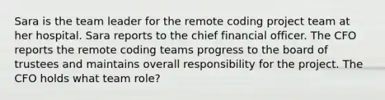 Sara is the team leader for the remote coding project team at her hospital. Sara reports to the chief financial officer. The CFO reports the remote coding teams progress to the board of trustees and maintains overall responsibility for the project. The CFO holds what team role?