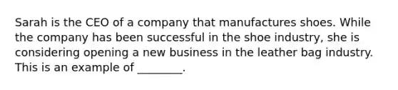 Sarah is the CEO of a company that manufactures shoes. While the company has been successful in the shoe industry, she is considering opening a new business in the leather bag industry. This is an example of ________.